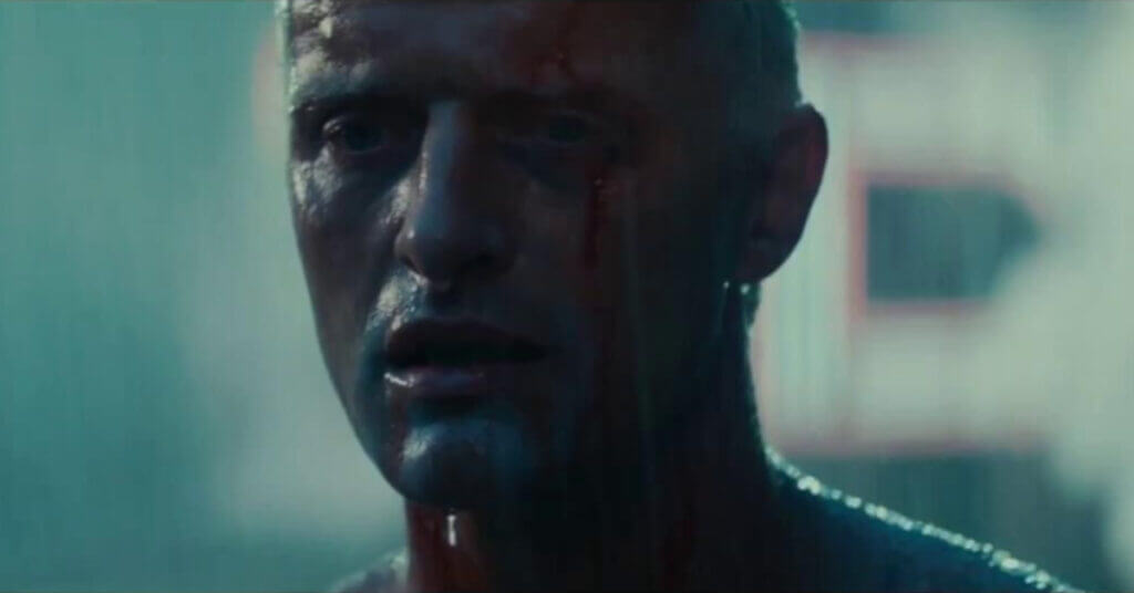 Photo from the film Blade Runner featuring Rutger Hauer portraying Roy Batty and delivering the infamous "tears in rain" monologue