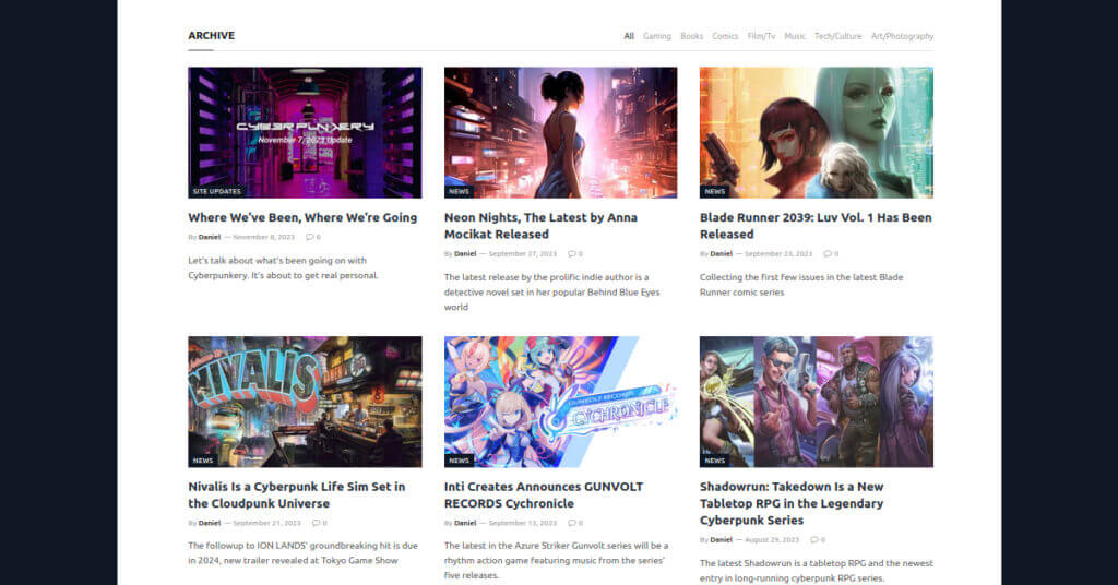 A screenshot of Cyberpunkery's new archive page